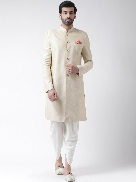 

KISAH Men Cream & White Self-Design Silk Sherwani with Dhoti Pants