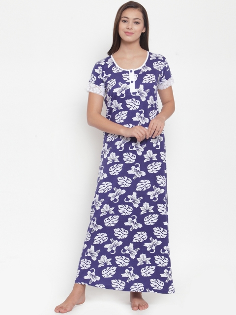 

Claura Women Blue & White Printed Maxi Nightdress Cot-136
