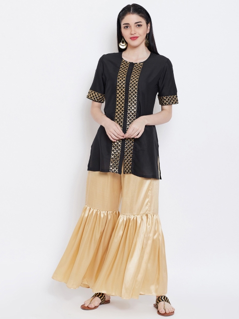 

studio rasa Women Black & Gold-Toned Embellished Straight Kurta