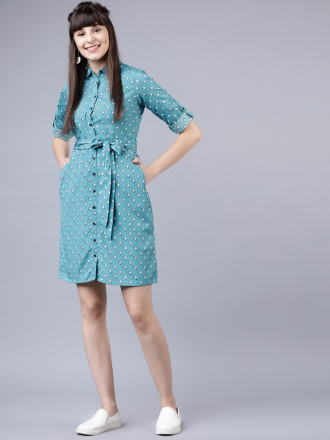 

Tokyo Talkies Women Printed Turquoise Blue Shirt Dress