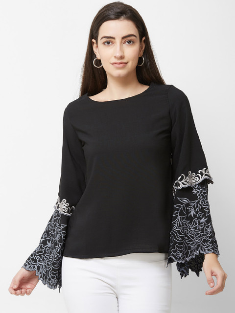 

Soie Women Black Bell sleeve Embroidered Top