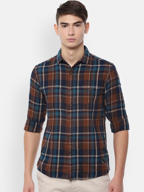 

People Men Brown & Blue Regular Fit Checked Casual Shirt