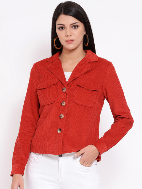 

Oxolloxo Women Rust Orange Solid Corduroy Tailored Jacket