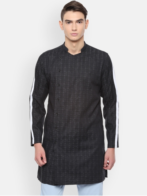 

V Dot Men Black Slim Fit Checked Casual Longline Shirt