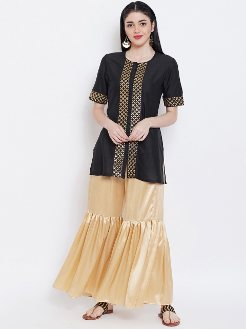 

studio rasa Women Black & Gold-Coloured Embroidered Kurta with Sharara