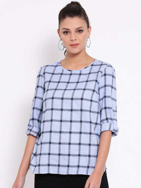 

Oxolloxo Women Blue Checked Pure Cotton Top