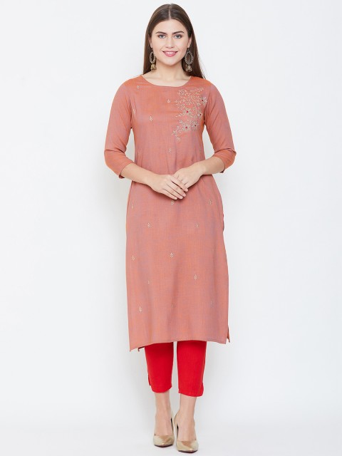 

rangeelo rajasthan Women Peach-Coloured Embroidered Straight Kurta