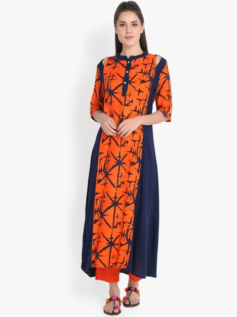rangeelo rajasthan Women Orange & Blue Printed A-Line Kurta