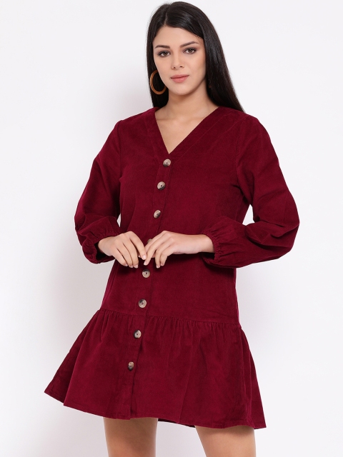Oxolloxo Women Maroon Solid Corduroy Drop-Waist Dress