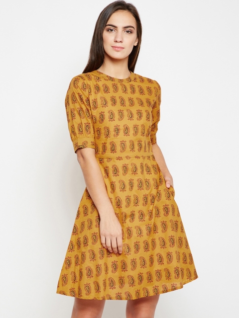 

Nun Women Mustard Yellow Printed Fit and Flare Dress