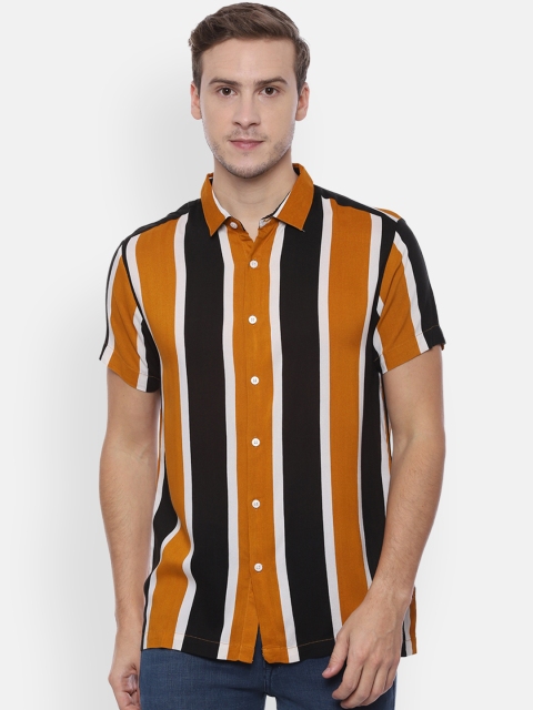 

People Men Yellow & Black Regular Fit Striped Casual Shirt
