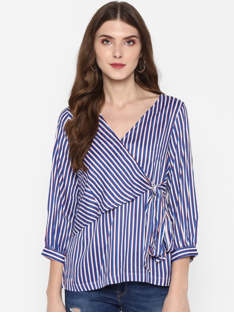 

MIAMINX Women Blue Striped Wrap Top