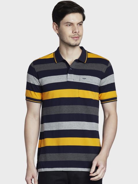 ColorPlus Men Yellow Striped Polo Collar T-shirt