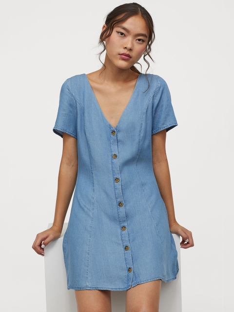 

H&M Women Blue Solid Lyocell Denim Dress