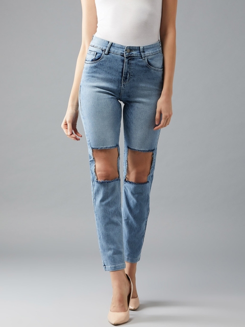 

DOLCE CRUDO Women Blue Slim Fit High-Rise Slash Knee Jeans