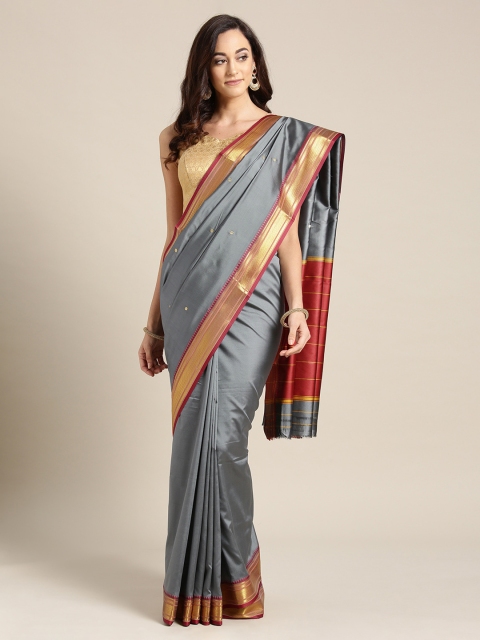 

Ishin Grey & Gold-Toned Poly Silk Solid Mysore Silk Saree