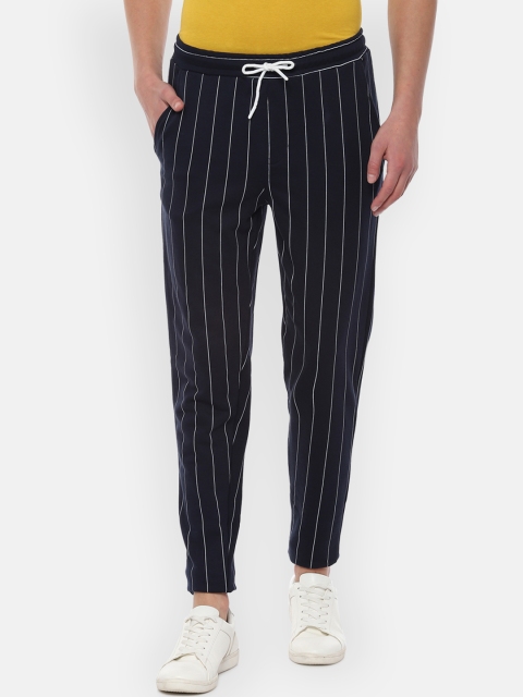 

People Men Navy Blue & White Regular Fit Striped Regular Trousers