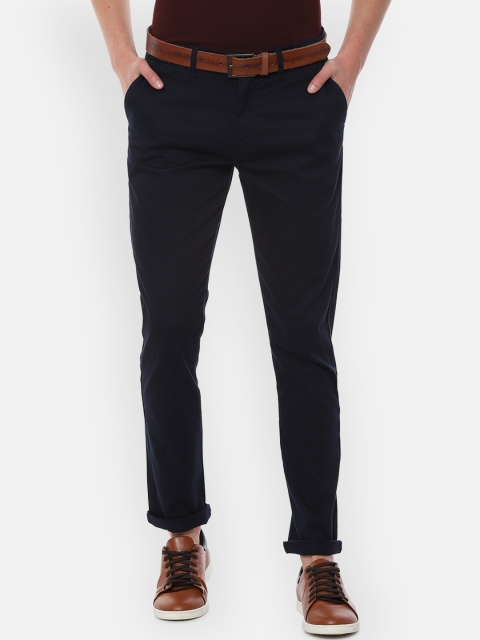 

People Men Navy Blue Regular Fit Self Design Formal Trousers