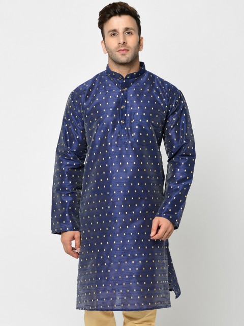

TAG 7 Men Navy Blue Woven Design Straight Kurta