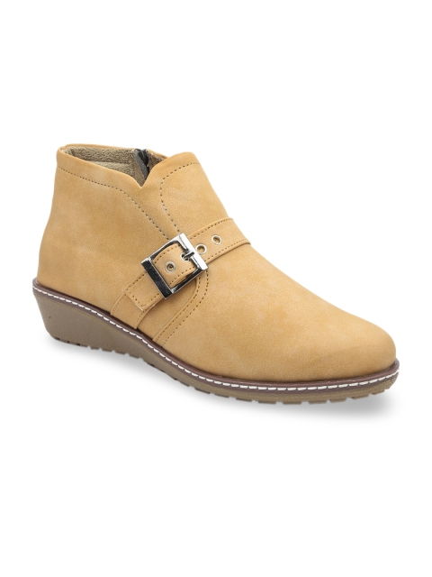 Women Beige Solid Heeled Boots