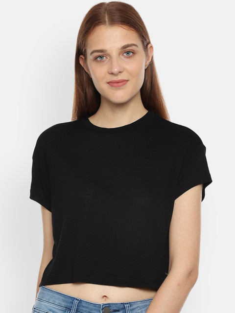 

Van Heusen Woman Black Solid Round Neck Crop T-shirt