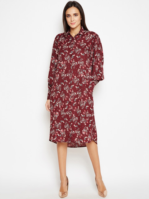 

Oxolloxo Women Maroon Floral Printed Shirt Dress