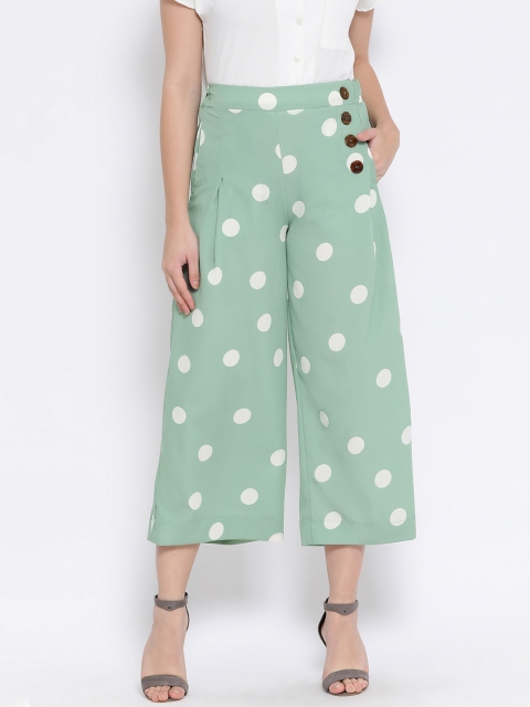 

Oxolloxo Women Green & White Regular Fit Polka Dot Printed Culottes