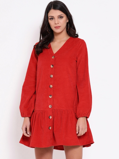 Oxolloxo Women Rust Red Solid Corduroy Drop-Waist Dress