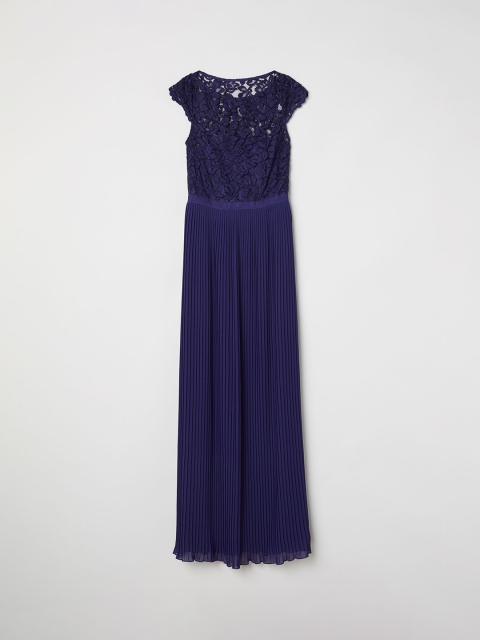 

H&M Women Navy Blue Pleated Long Dress