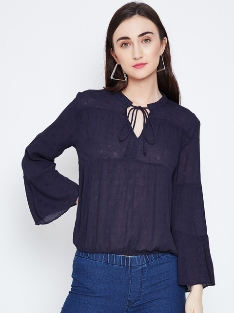 

Oxolloxo Women Navy Blue Self Design Blouson Top