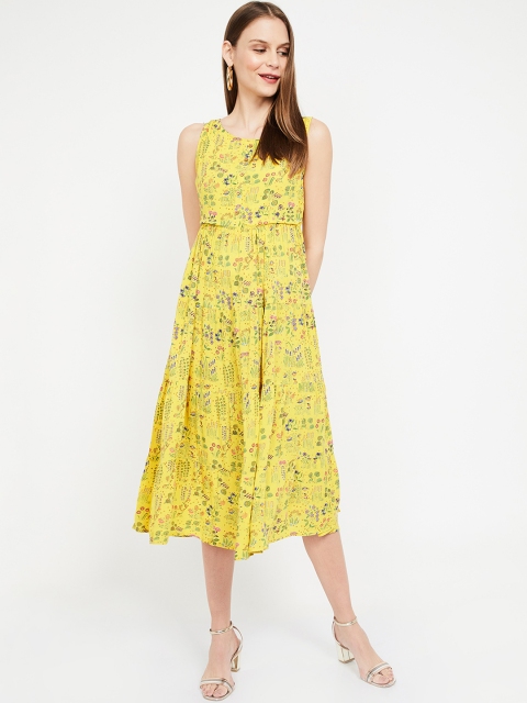 

Colour Me by Melange Women Printed Yellow Fit and Flare Dress