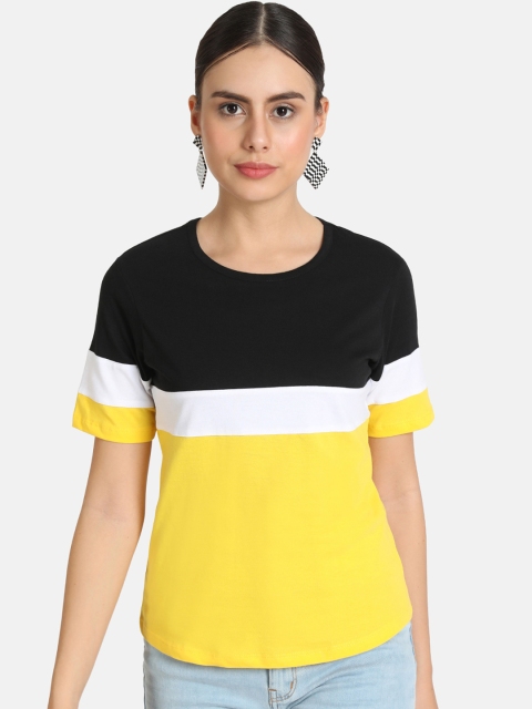 

VividArtsy Women Yellow & Black Colourblocked Round Neck T-shirt
