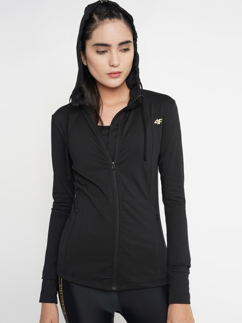 

4F Women Black Solid Hooded Sweatshirt