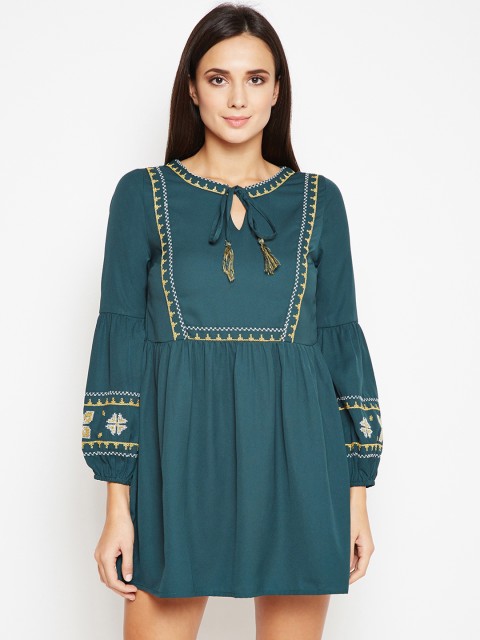 

Oxolloxo Women Solid Teal Green Embroidered Fit and Flare Dress