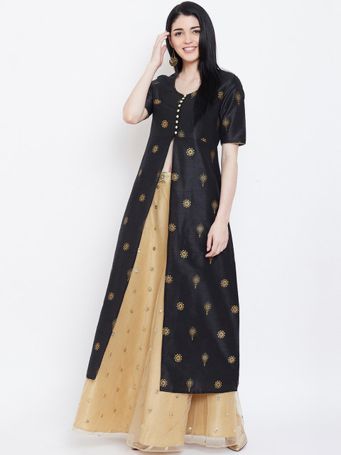 

studio rasa Women Black & Beige Block Printed Kurta with Skirt
