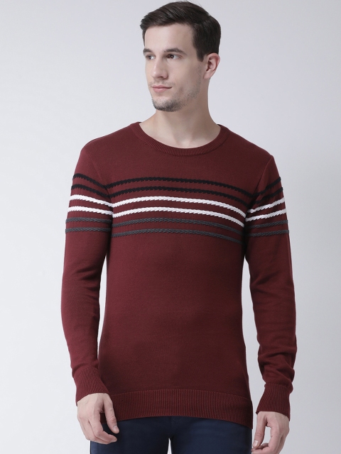 

Club York Men Maroon & Black Striped Pullover Sweater