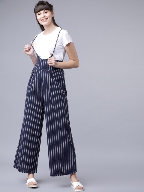 

Tokyo Talkies Women Navy Blue Striped Straight-Leg Dungarees