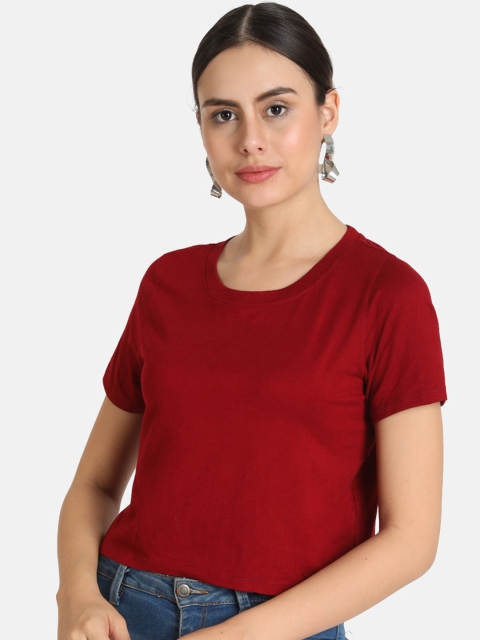 

VividArtsy Women Maroon Solid Round Neck Crop T-shirt