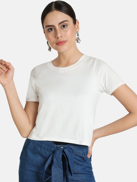 

VividArtsy Women White Solid Round Neck Crop T-shirt