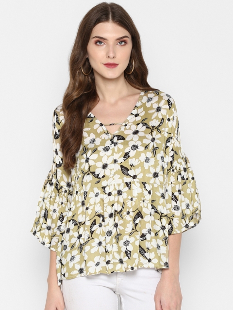 

MIAMINX Women Olive Green Floral Printed A-Line Top
