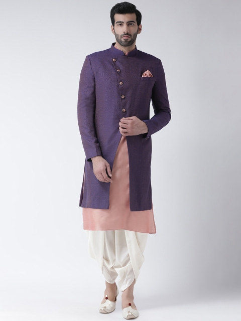 

KISAH Men Peach Purple & Off-White Banarasi Jacquard Self-Design Achkan and Dhoti