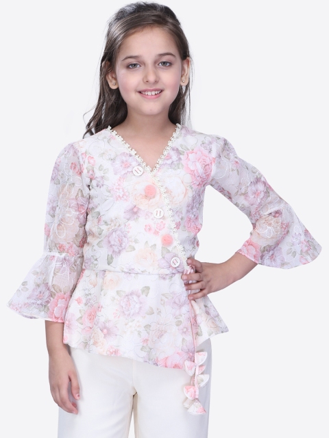 

CUTECUMBER Girls Off-White & Grey Floral Print Wrap Top