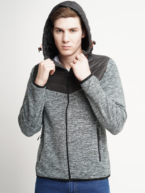 

4F Men Grey Melange & Black Colourblocked Hooded Tailored Jacket