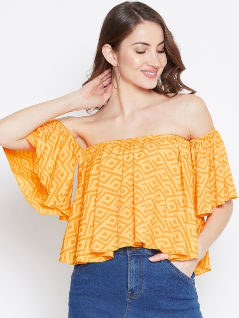 

Berrylush Women Yellow & Orange Printed Bardot Top