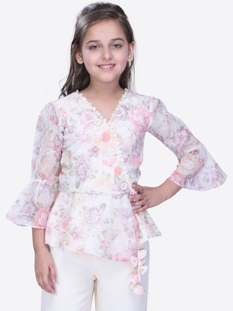 

CUTECUMBER Girls Off-White & Grey Printed Wrap Top