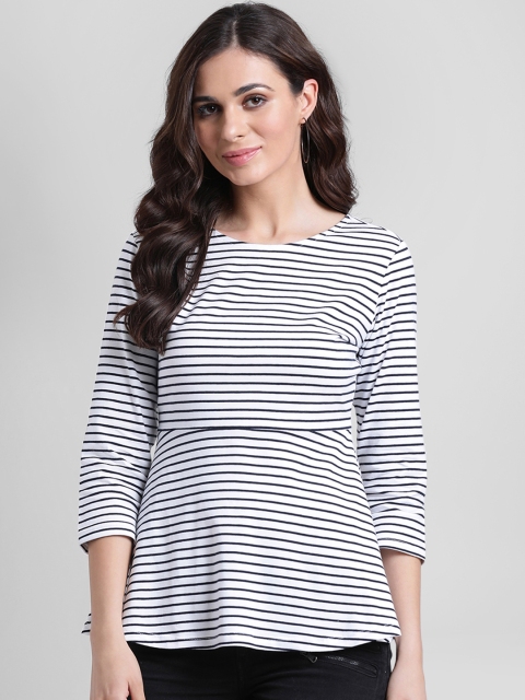 Aayna Women White &Navy Blue Striped A-Line Top