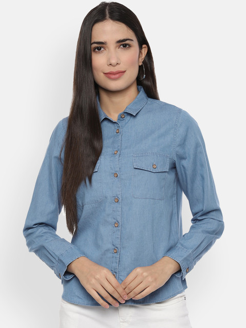 

People Women Blue Regular Fit Solid Casual Shirt