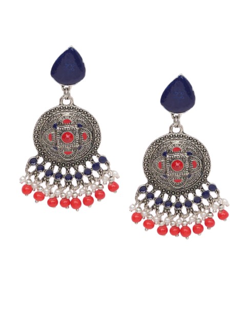 

DIVA WALK Silver-Plated & Blue Enamelled Circular Drop Earrings