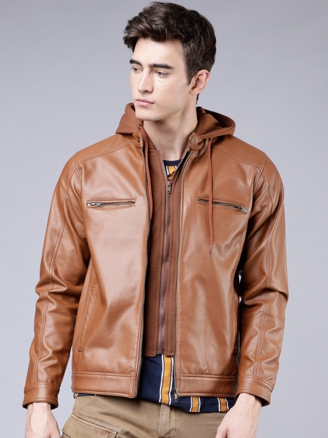 

HIGHLANDER Men Tan Brown Solid Leather Jacket