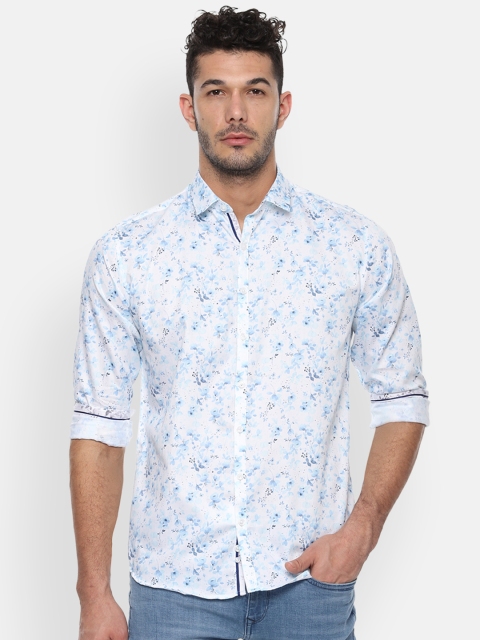 

V Dot Men White & Blue Slim Fit Floral Printed Casual Shirt
